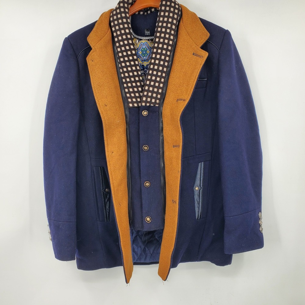 Mens Navy Blue Wool Blend Car Coat Removeable Bib Paisley Lining L